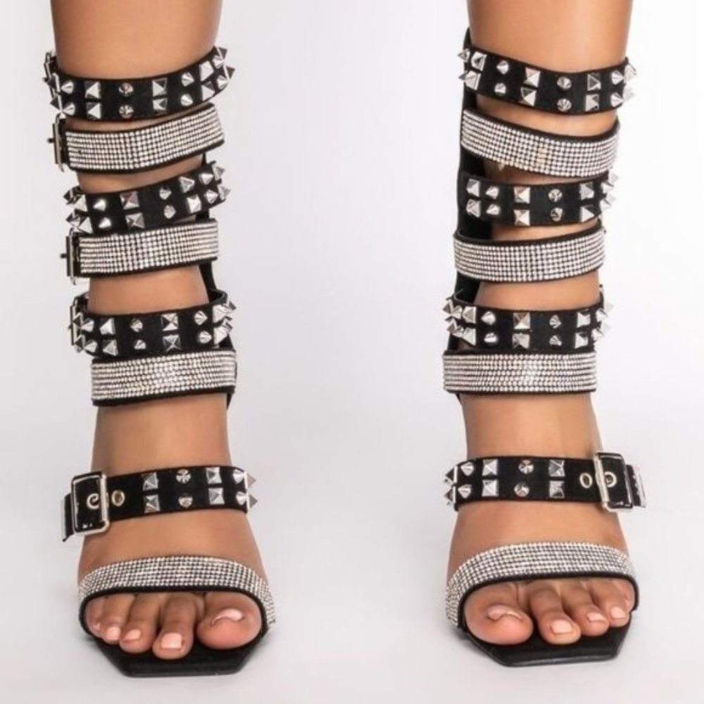 Xena Spiked & Studded: Black Suede Gladiator Stiletto Sandal 6 - Picture 2 of 5